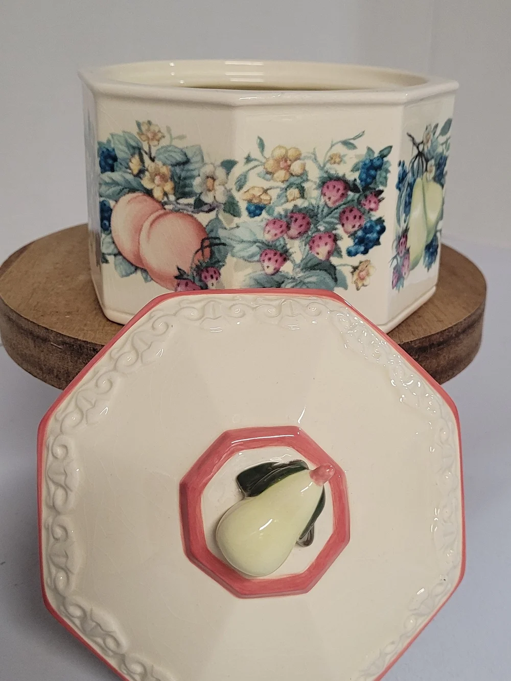 Octagonal Vintage Avon Fruit Motif Ceramic Canister with Pear Lid Accent